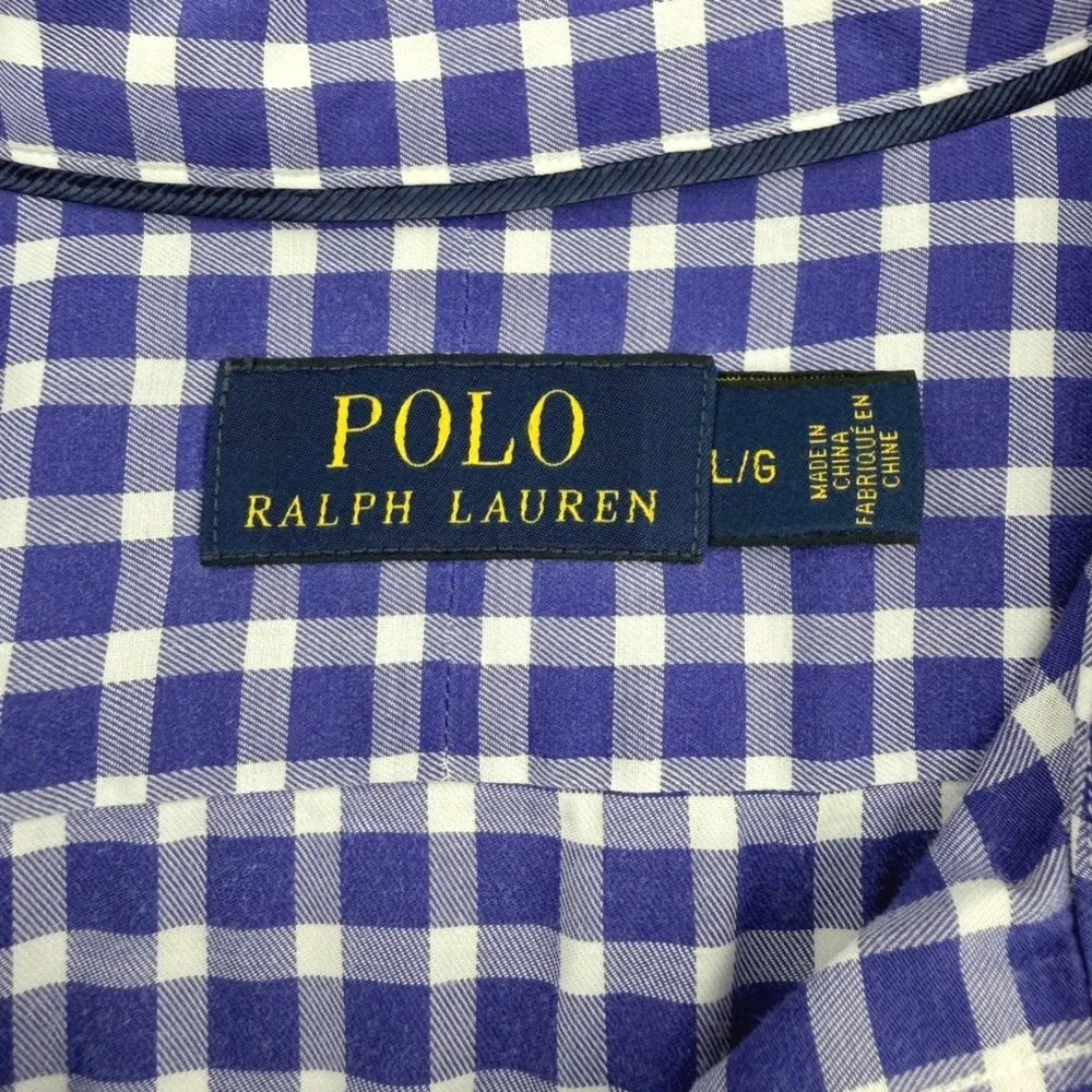 Polo Ralph Lauren Shirt Mens L Blue White Gingham Lightweight Long Sleeve Cotton